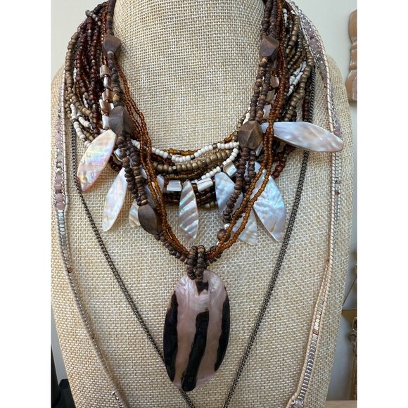 Bohemian Jewelry Lot With Necklaces Earrings & Bangles Neutral Tones Mixed Mater - Picture 7 of 13